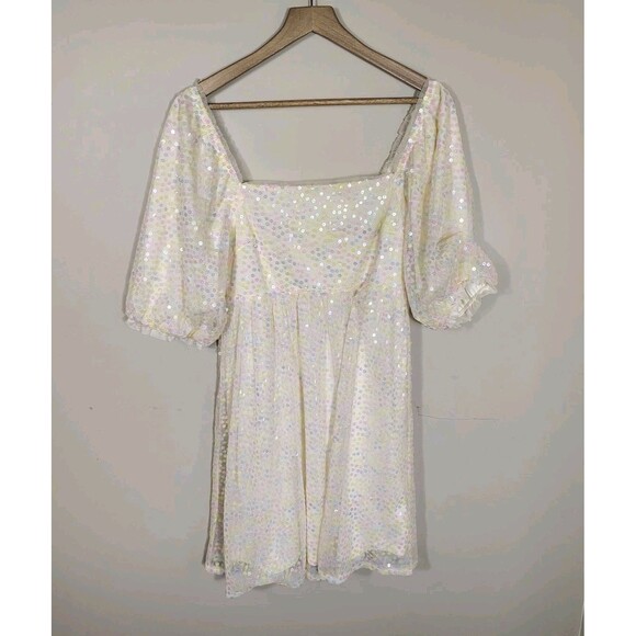 Iridescent Sequin Puff Sleeve Square Neck Party Dress Fairycore Cottagecore M - Picture 4 of 9